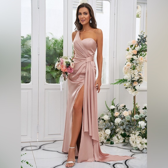 Hebeos - Dusty Rose Sheath/Column Ruched One-Shoulder Sleeveless Dress - Picture 11 of 12